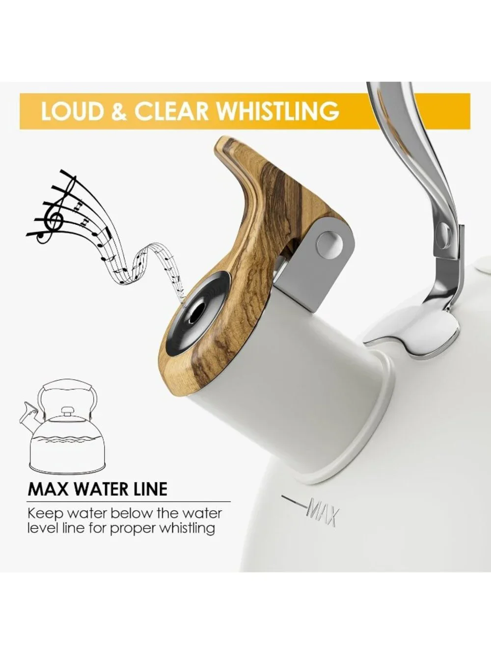 Cream Kitchen Whistling Tea Kettle 2.6 Quart Stainless Steel Stovetop Induction